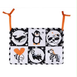 Black and white hanging baby sensory cloth panel with animal pictures