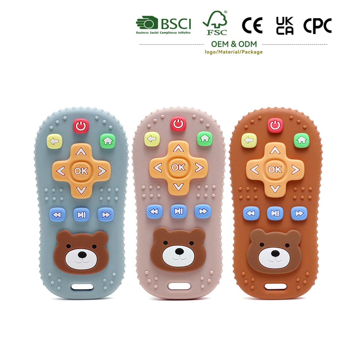 Silicone baby remote teether in blue, light pink, and brown with certification icons
